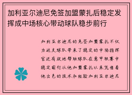 加利亚尔迪尼免签加盟蒙扎后稳定发挥成中场核心带动球队稳步前行