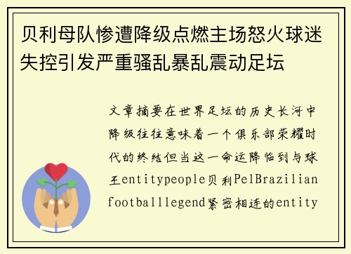 贝利母队惨遭降级点燃主场怒火球迷失控引发严重骚乱暴乱震动足坛